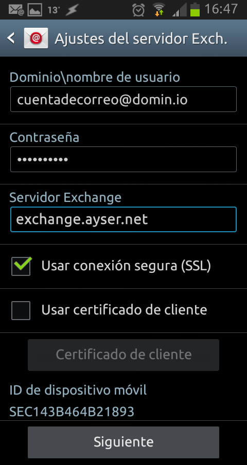 Configuración de una cuenta Exchange 2010 en dispositivos Android - Ayser - Paso 5